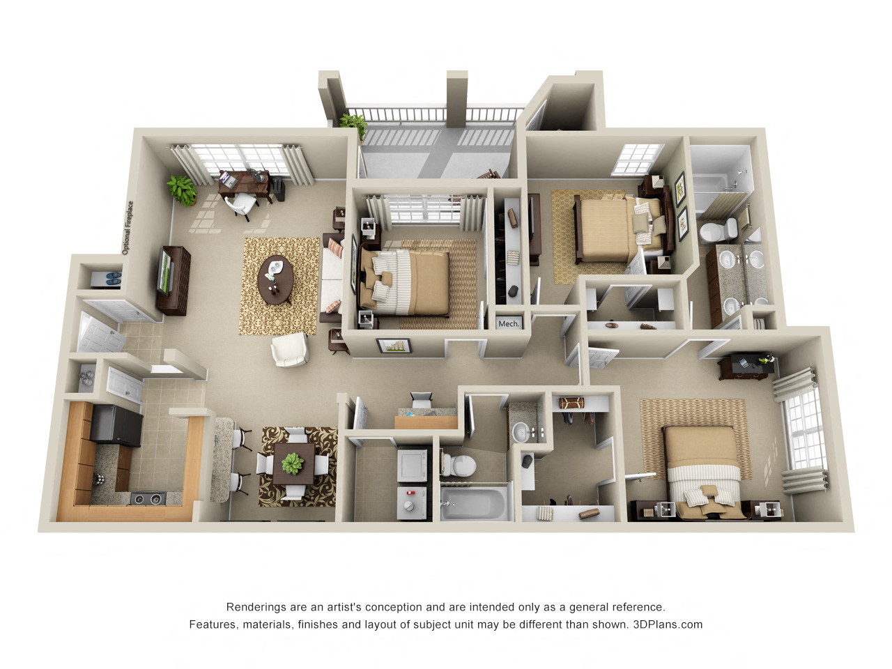 Floor plan for 3 beds, 2 baths, 1315 sqft
